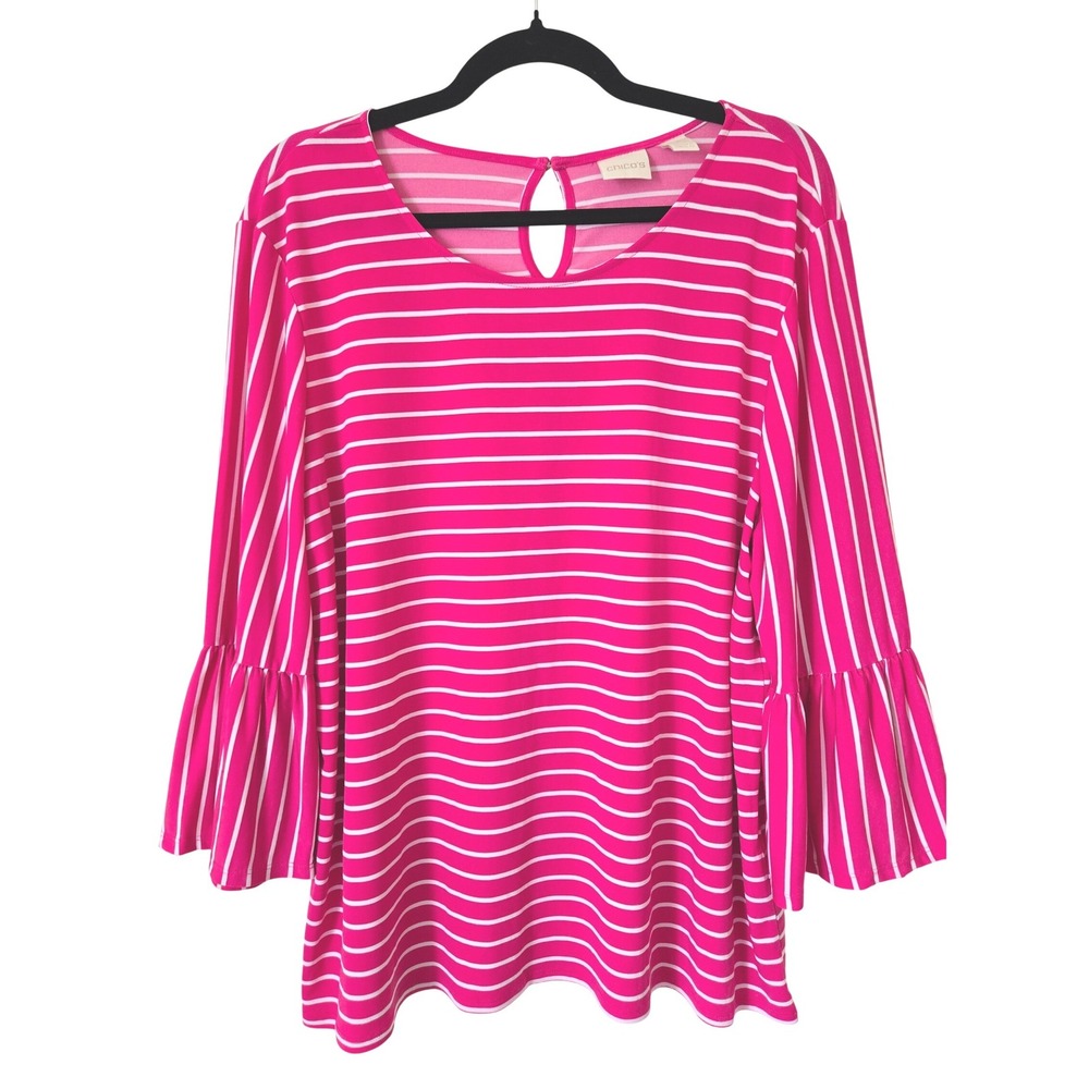 Chico's 3 Pink White Striped Bell Sleeve KTop XL Stretch Keyhole Back